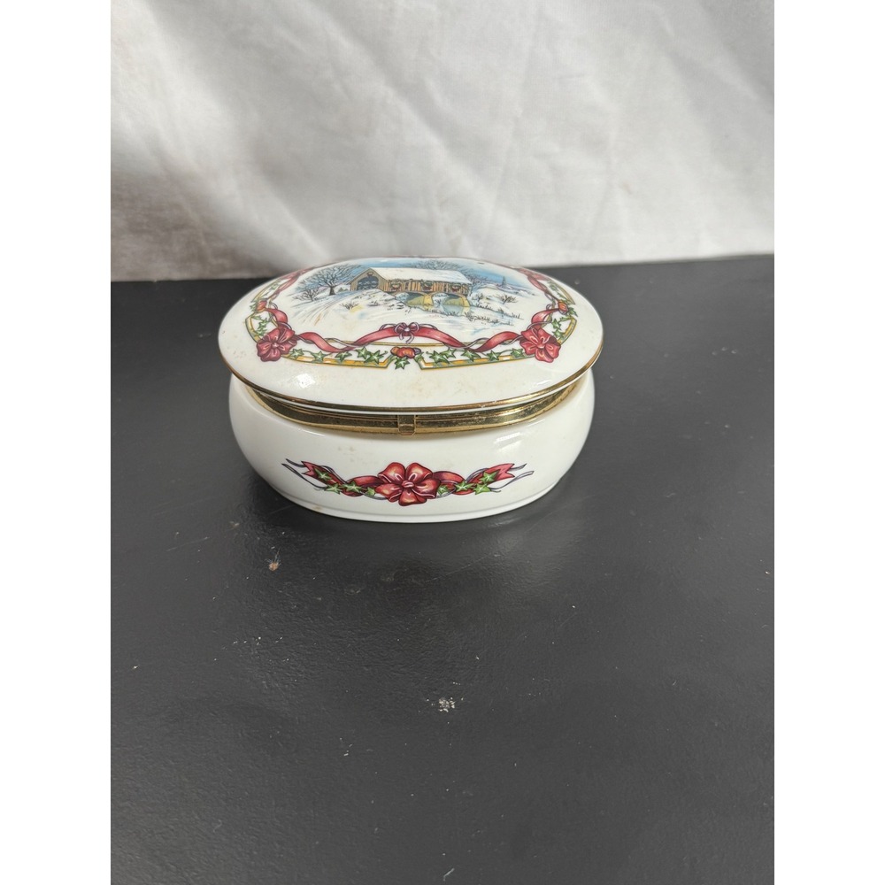 Vintage Winter Scene Ceramic Trinket Box Snow Covered Bridge Holiday Decor Oval